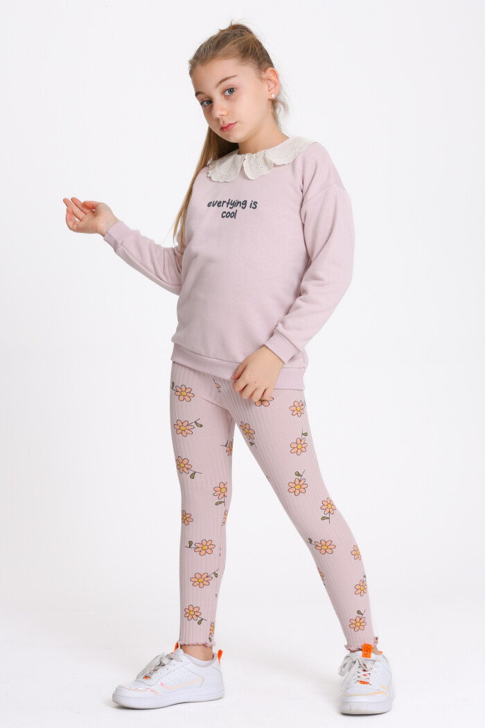 Kız Çocuk Gül Kurusu Everything Is Cool Baskı 3-7 Yaş Takım - 23282-2