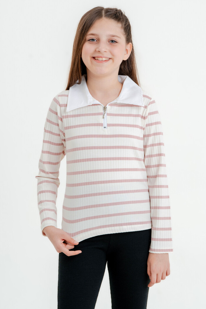 Kız Çocuk Gül Kurusu Fermuarlı 4-12 Yaş Sweatshirt - 23325-7