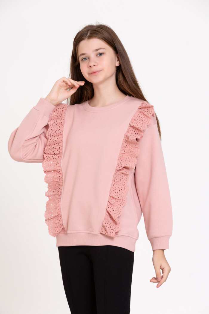 Kız Çocuk Gül Kurusu Fırfırlı 4-12 Yaş Sweatshirt - 23175-3