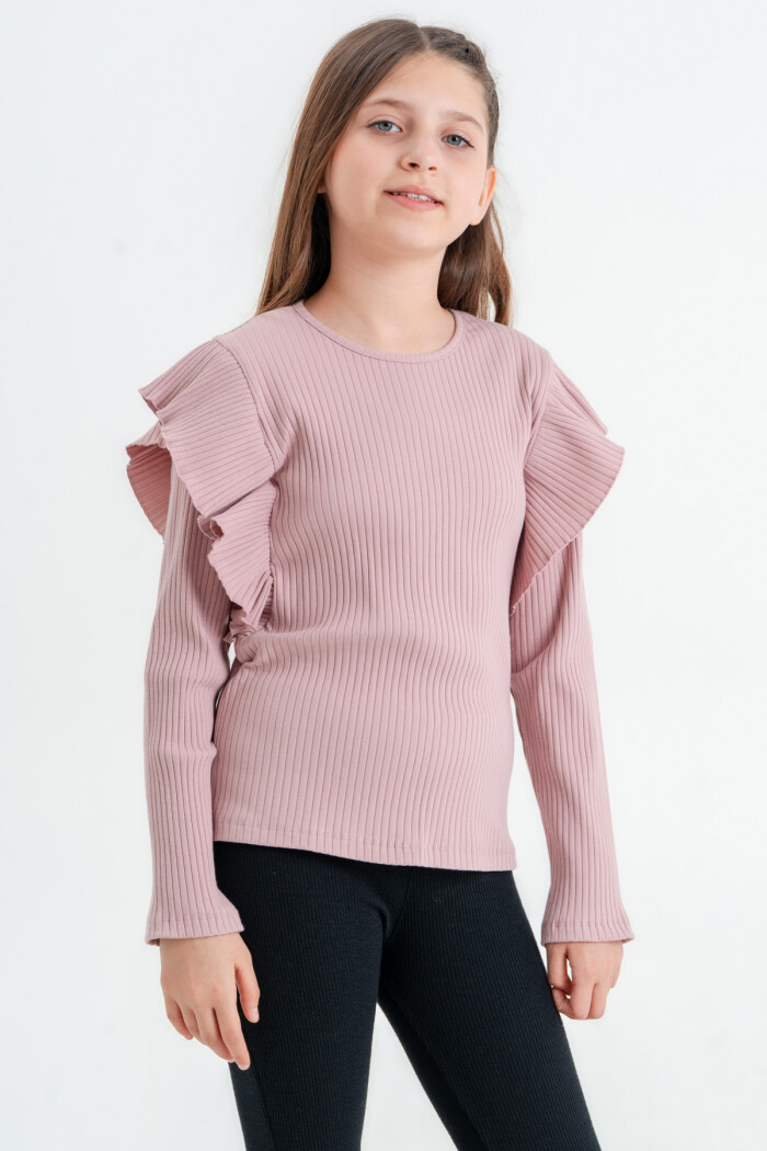 Kız Çocuk Gül Kurusu Fırfırlı 4-12 Yaş Sweatshirt - 23329-2