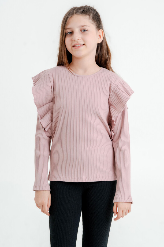 Kız Çocuk Gül Kurusu Fırfırlı 4-12 Yaş Sweatshirt - 23329-2