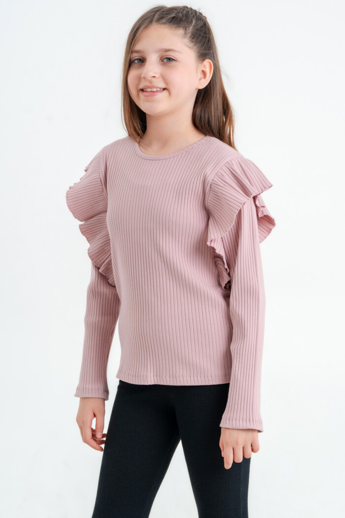 Kız Çocuk Gül Kurusu Fırfırlı 4-12 Yaş Sweatshirt - 23329-2