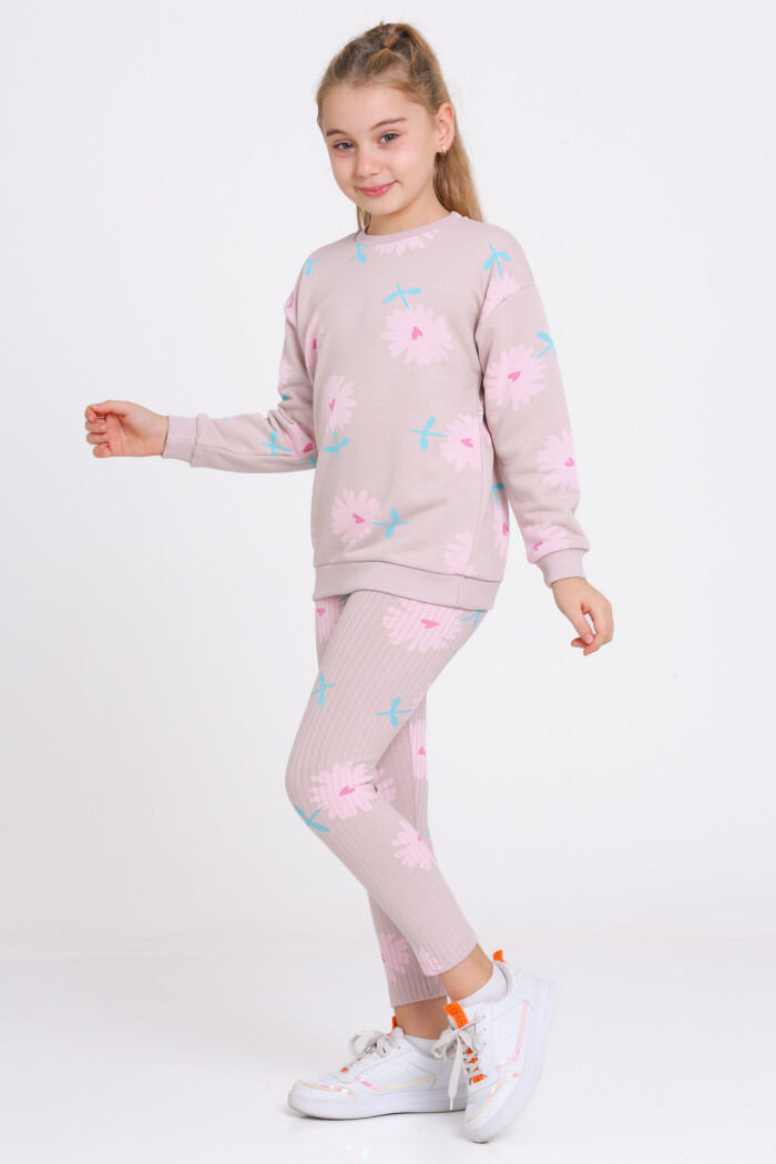 Kız Çocuk Gül Kurusu Kalpli Papatya Desenli 3-7 Yaş Takım - 23275-1