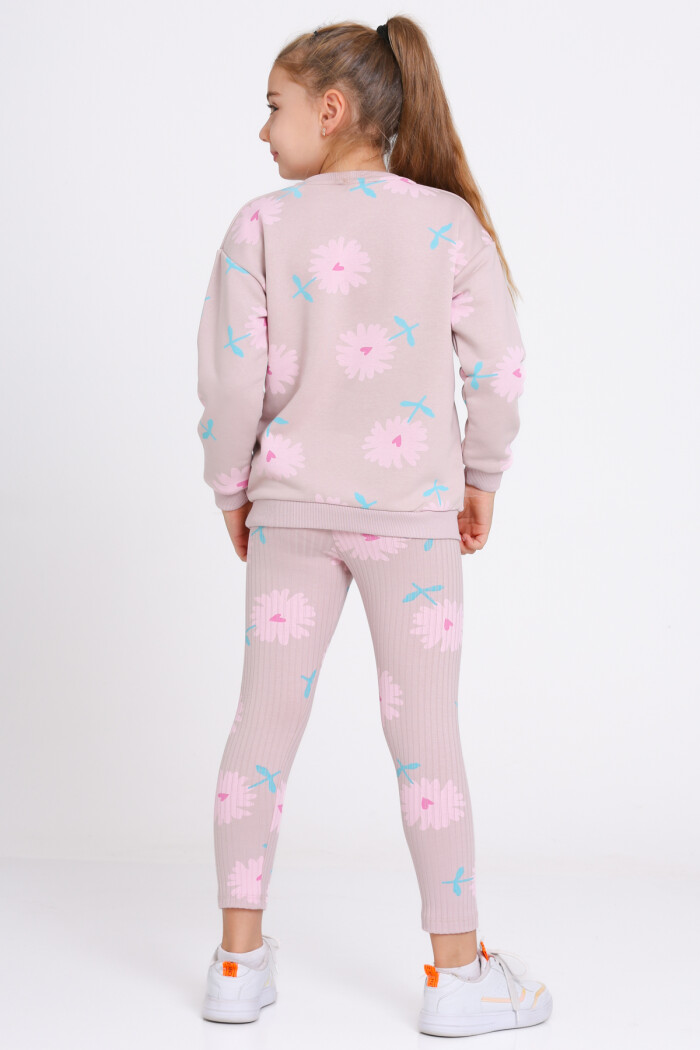 Kız Çocuk Gül Kurusu Kalpli Papatya Desenli 3-7 Yaş Takım - 23275-1