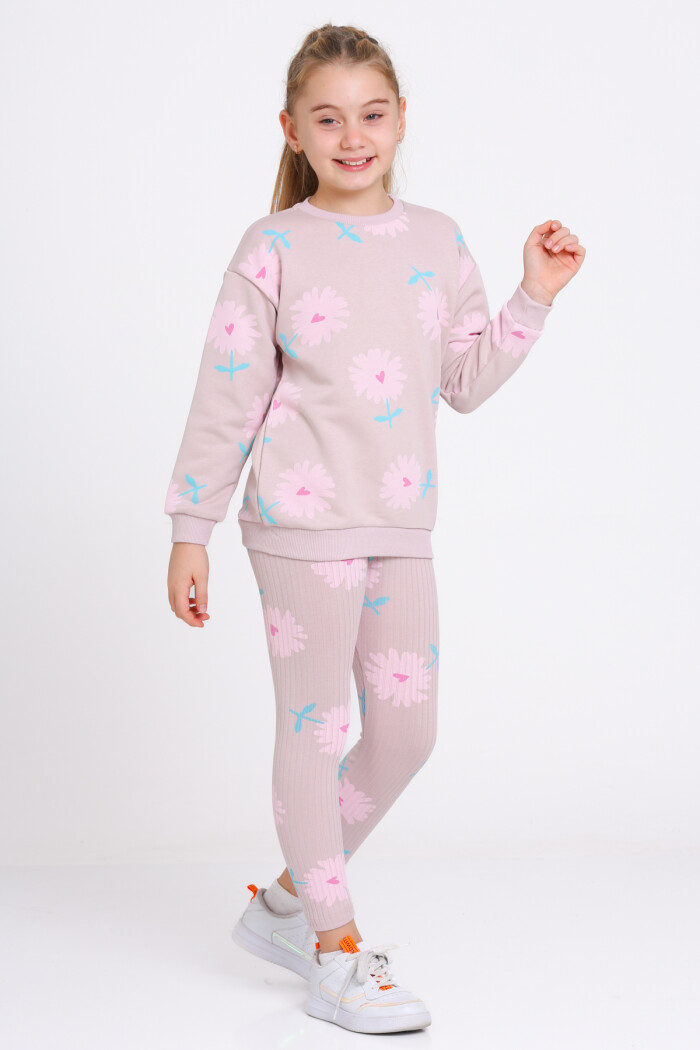 Kız Çocuk Gül Kurusu Kalpli Papatya Desenli 3-7 Yaş Takım - 23275-1