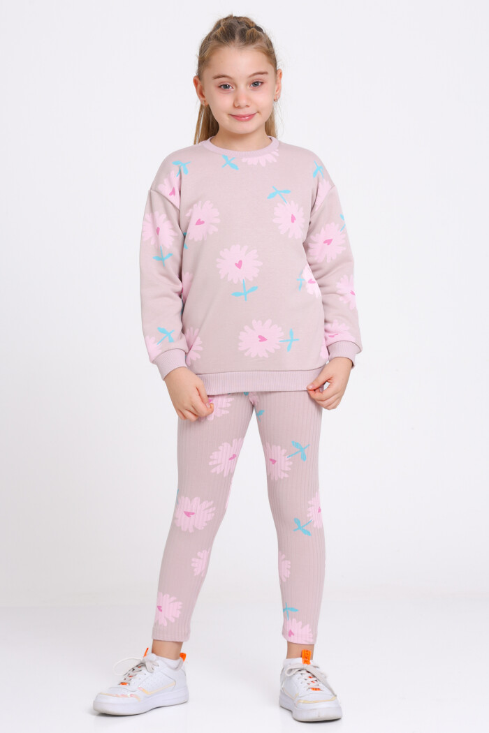 Kız Çocuk Gül Kurusu Kalpli Papatya Desenli 3-7 Yaş Takım - 23275-1