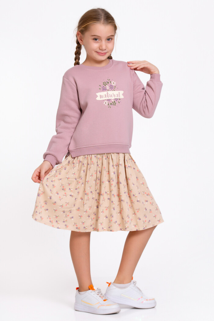 Kız Çocuk Gül Kurusu Natural Baskı 5-9 Yaş Elbise - 23180-1