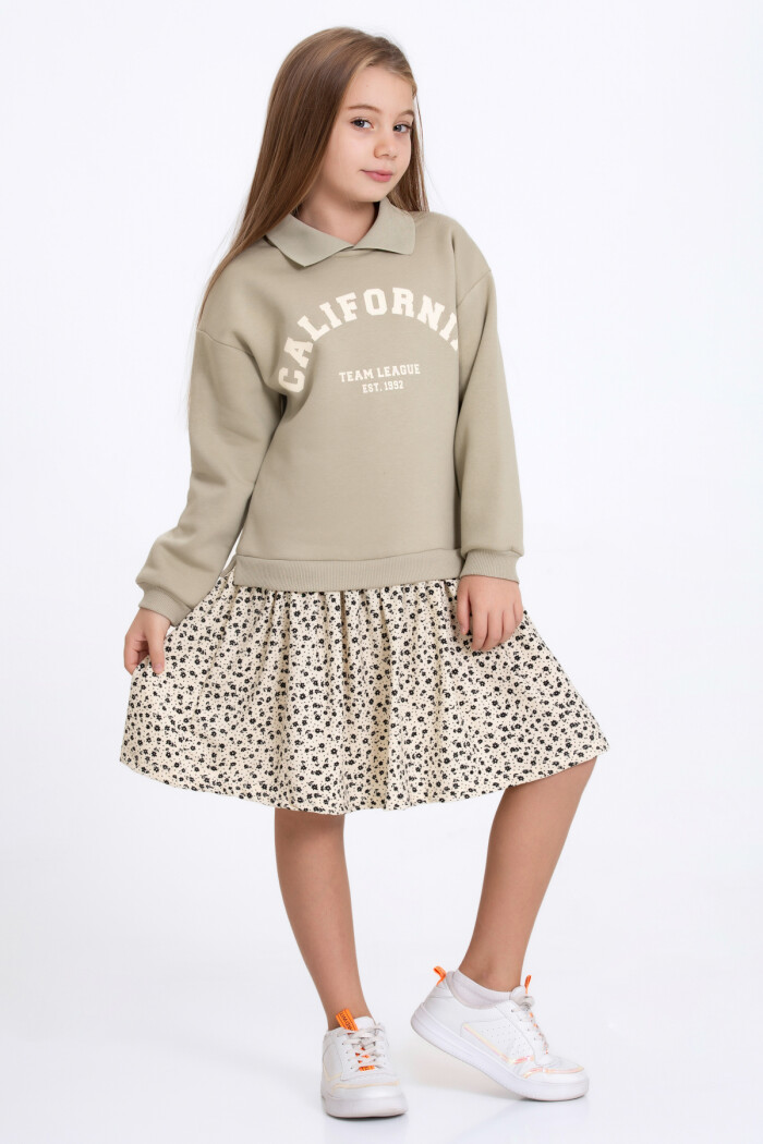 Kız Çocuk Haki California Baskı 5-9 Yaş Elbise - 23182-4