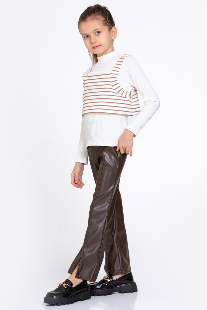 Kız Çocuk Kahve Çizgili Deri Pantolonlu 3lü 5-9 Yaş Takım - 23359-1