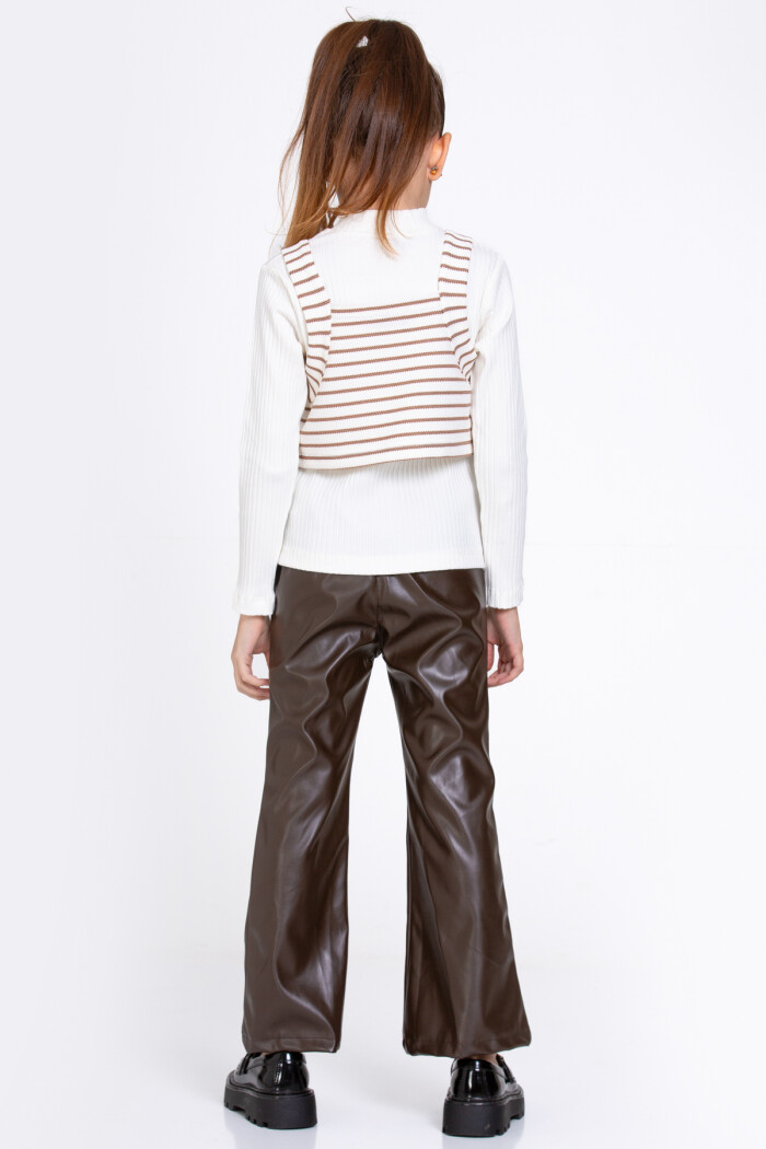 Kız Çocuk Kahve Çizgili Deri Pantolonlu 3lü 5-9 Yaş Takım - 23359-1