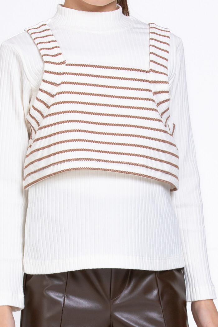 Kız Çocuk Kahve Çizgili Deri Pantolonlu 3lü 5-9 Yaş Takım - 23359-1