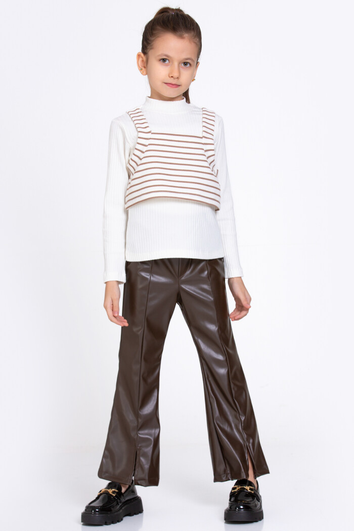 Kız Çocuk Kahve Çizgili Deri Pantolonlu 3lü 5-9 Yaş Takım - 23359-1