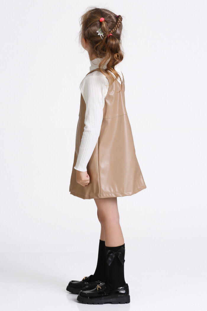 Kız Çocuk Kahve Deri Elbiseli 3-7 Yaş Takım - 23313-4