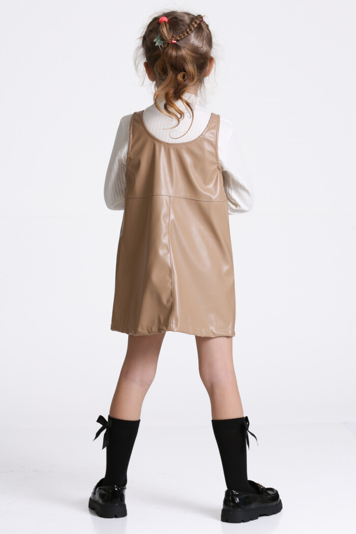 Kız Çocuk Kahve Deri Elbiseli 3-7 Yaş Takım - 23313-4