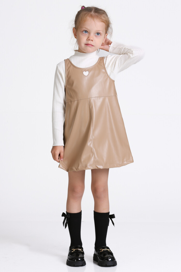 Kız Çocuk Kahve Deri Elbiseli 3-7 Yaş Takım - 23313-4