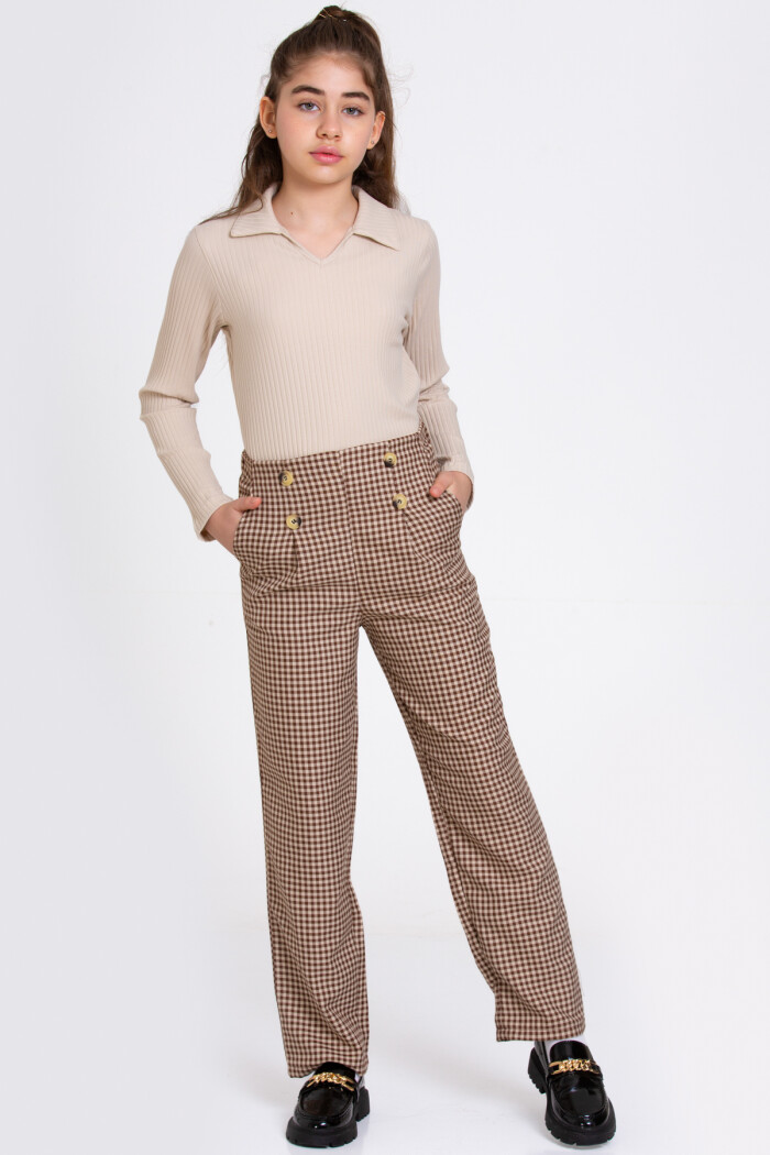 Kız Çocuk Kahve Ekoseli Fitilli 8-12 Yaş Takım - 23368-3