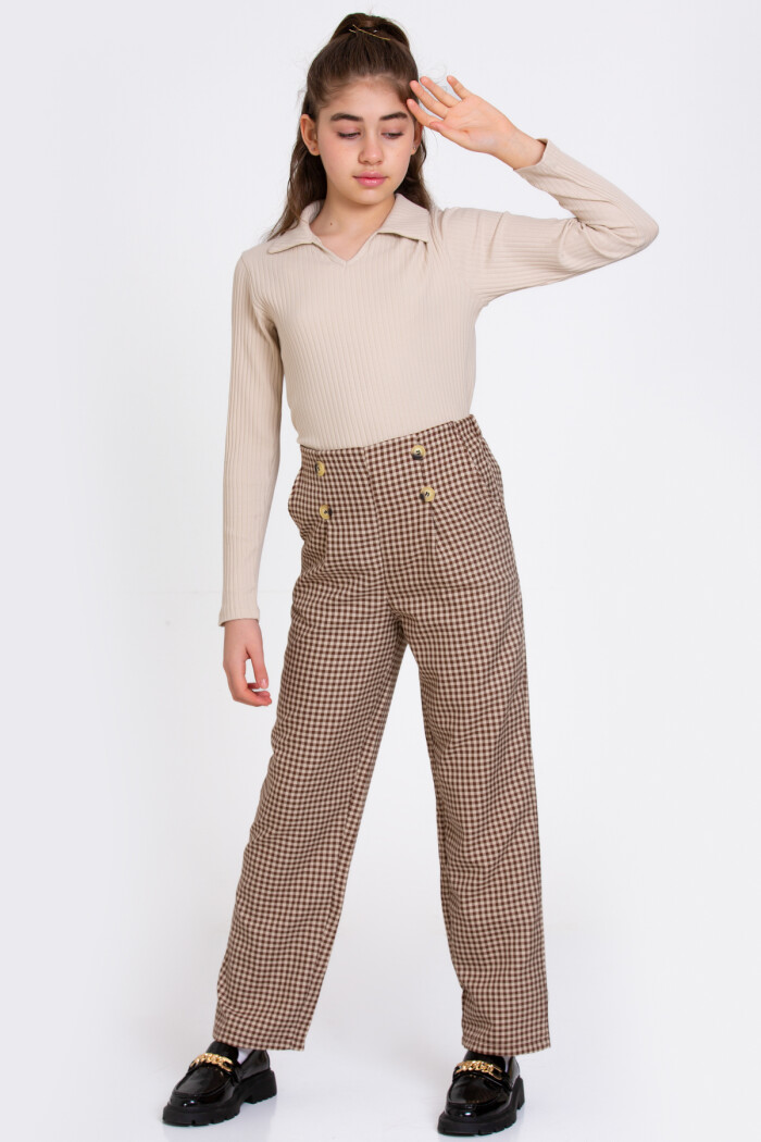 Kız Çocuk Kahve Ekoseli Fitilli 8-12 Yaş Takım - 23368-3