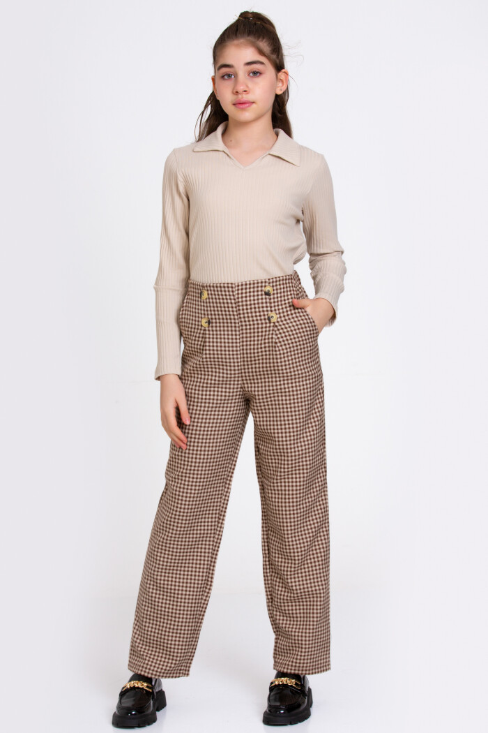 Kız Çocuk Kahve Ekoseli Fitilli 8-12 Yaş Takım - 23368-3