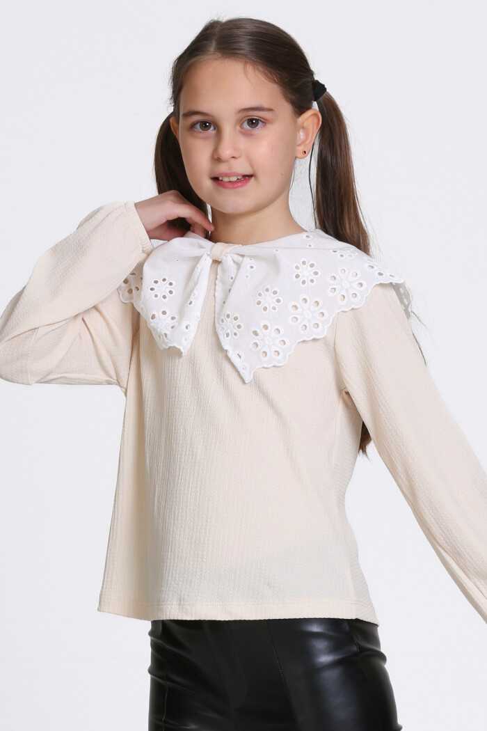 Kız Çocuk Krem Dantel Yakalı 4-12 Yaş Badi - 23335-3