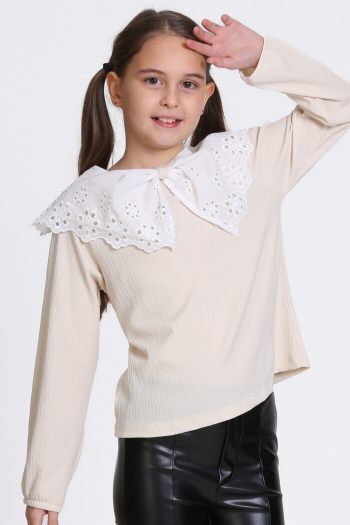 Kız Çocuk Krem Dantel Yakalı 4-12 Yaş Badi - 23335-3