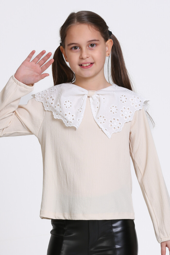 Kız Çocuk Krem Dantel Yakalı 4-12 Yaş Badi - 23335-3