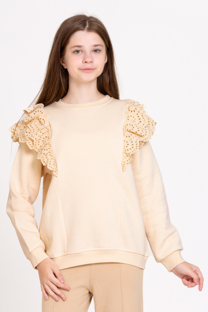 Kız Çocuk Krem Dantelli 4-12 Yaş Sweatshirt - 23178-1