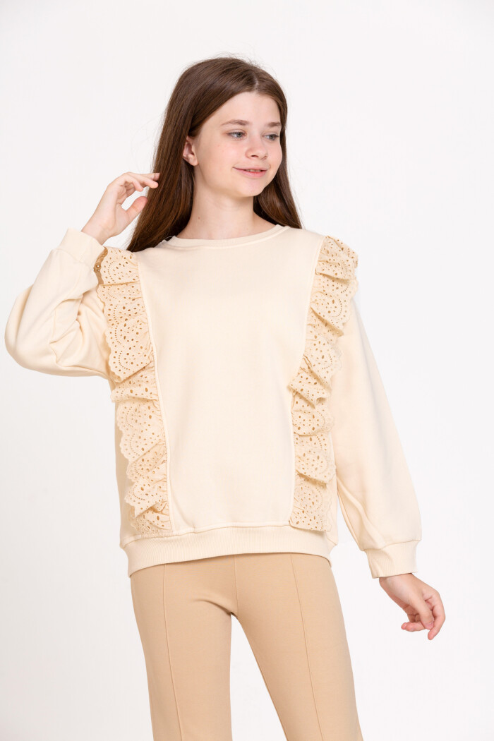 Kız Çocuk Krem Fırfırlı 4-12 Yaş Sweatshirt - 23175-1