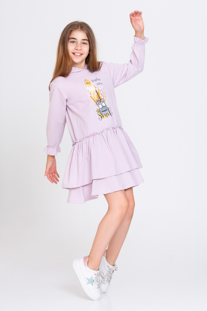 Kız Çocuk Lila Smile Baskı 5-9 Yaş Elbise - 23106-2
