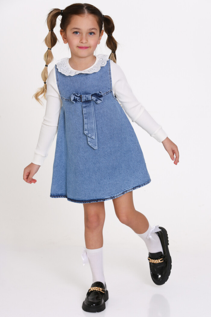 Kız Çocuk Mavi Fiyonklu Kot 3-7 Yaş Elbise - 23372-1