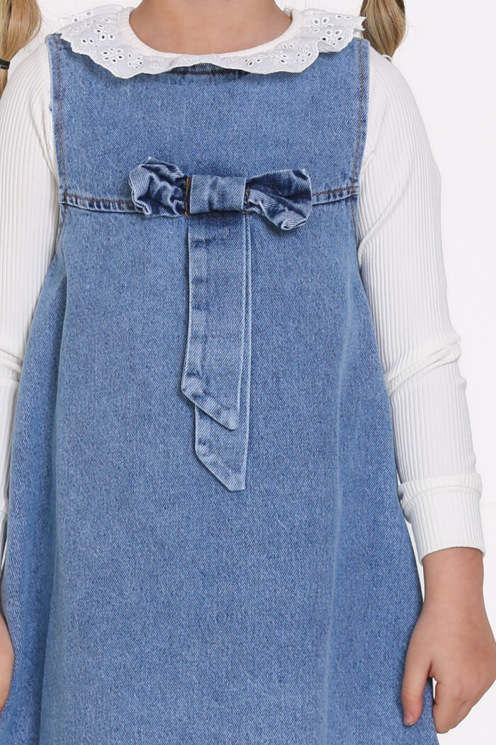 Kız Çocuk Mavi Fiyonklu Kot 3-7 Yaş Elbise - 23372-1