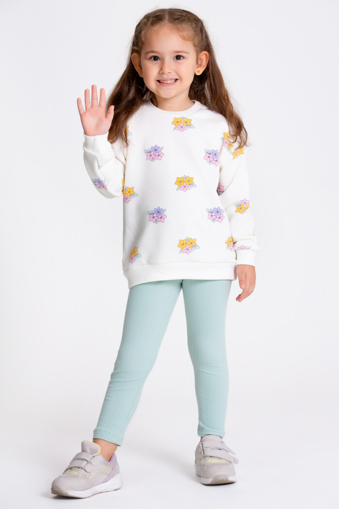 Kız Çocuk Mint Yeşili Çiçek Desenli 1-5 Yaş Takım - 23290-3