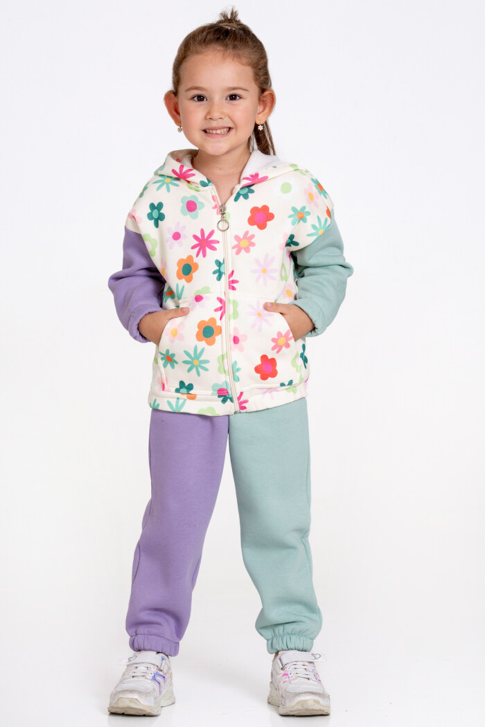Kız Çocuk Mor Çiçek Desenli 1-5 Yaş Takım - 23247-2