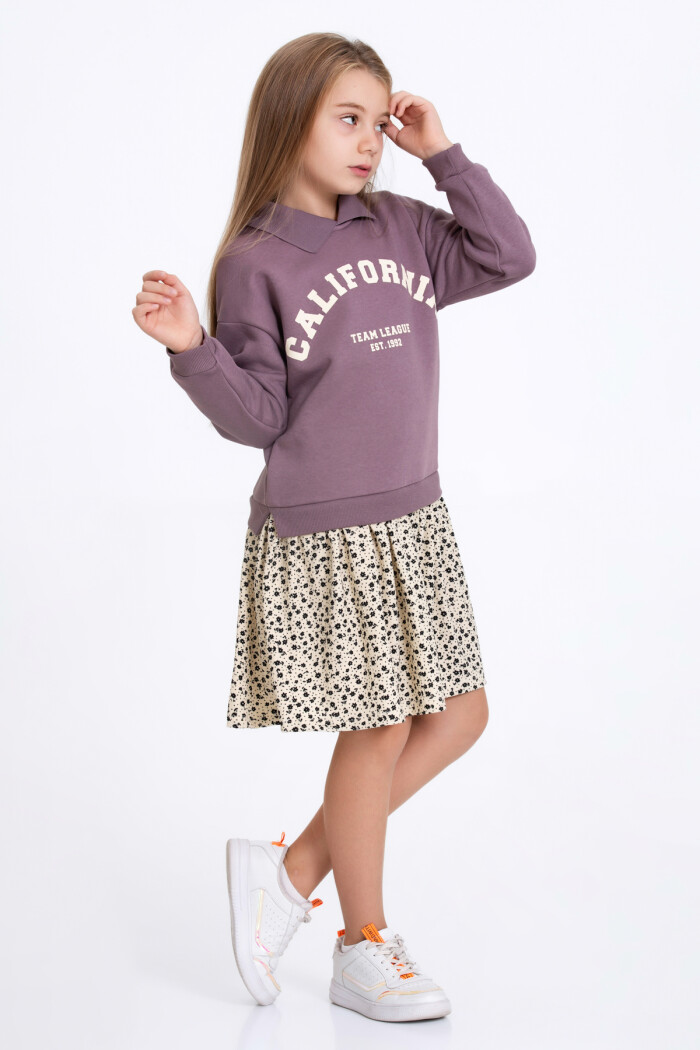 Kız Çocuk Mürdüm California Baskı 5-9 Yaş Elbise - 23182-3