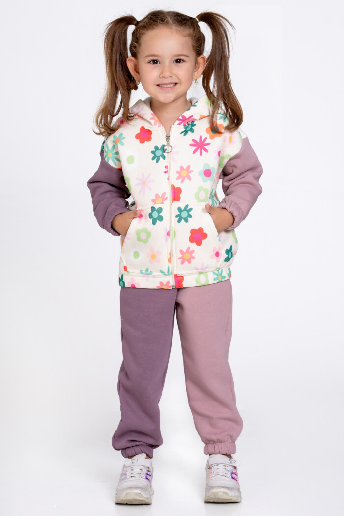 Kız Çocuk Mürdüm Çiçek Desenli 1-5 Yaş Takım - 23247-3