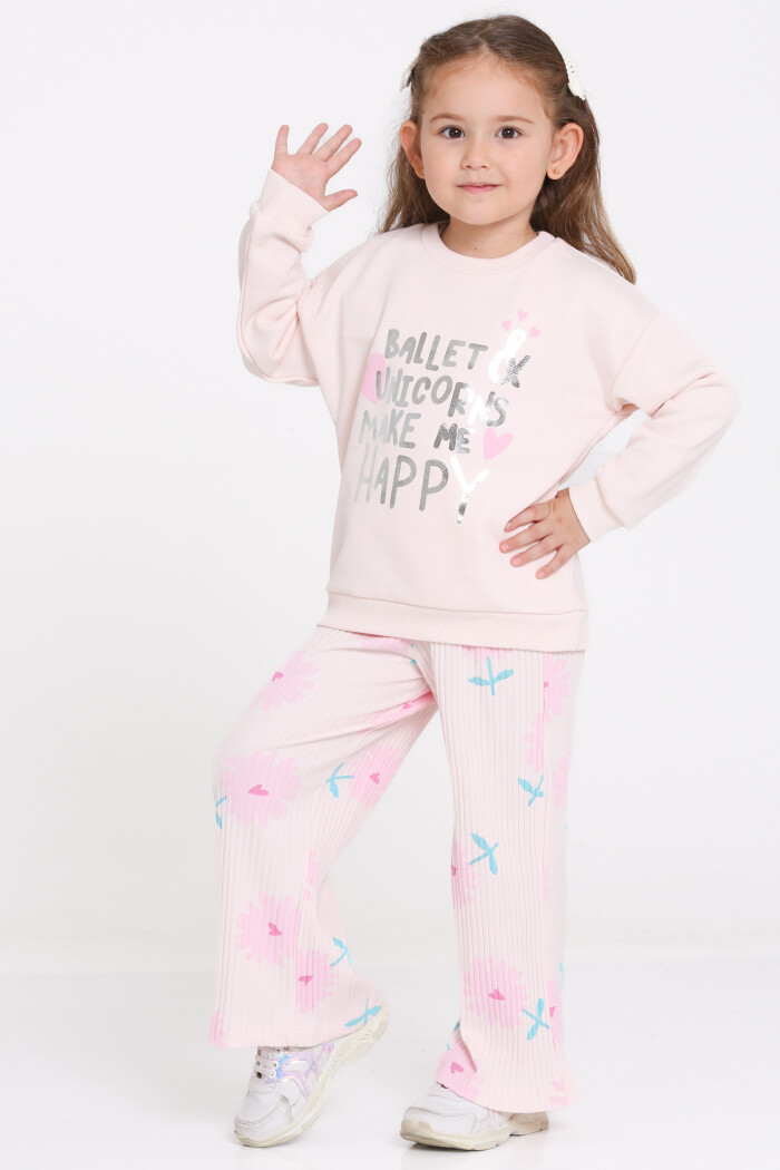 Kız Çocuk Pudra Ballet & Unicorns Make Me Happy Baskı 1-5 Yaş Takım - 23278-3