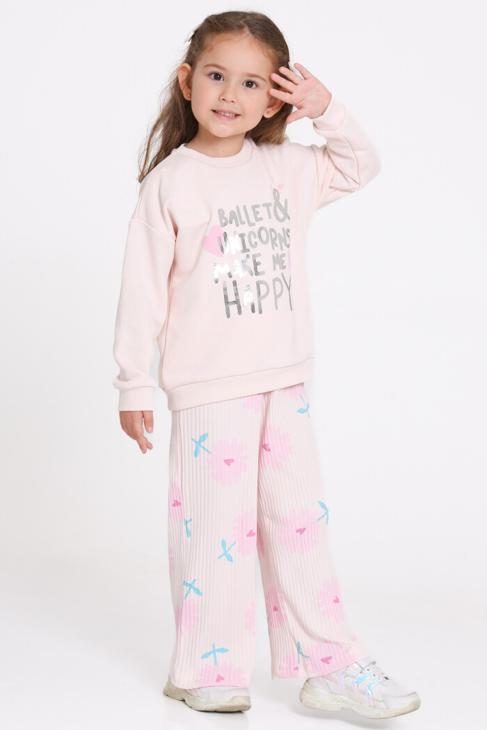 Kız Çocuk Pudra Ballet & Unicorns Make Me Happy Baskı 1-5 Yaş Takım - 23278-3