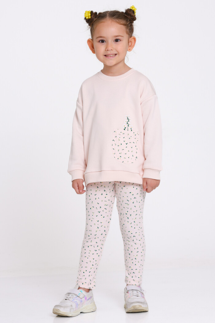 Kız Çocuk Pudra Çiçek Desenli 1-5 Yaş Takım - 23276-3