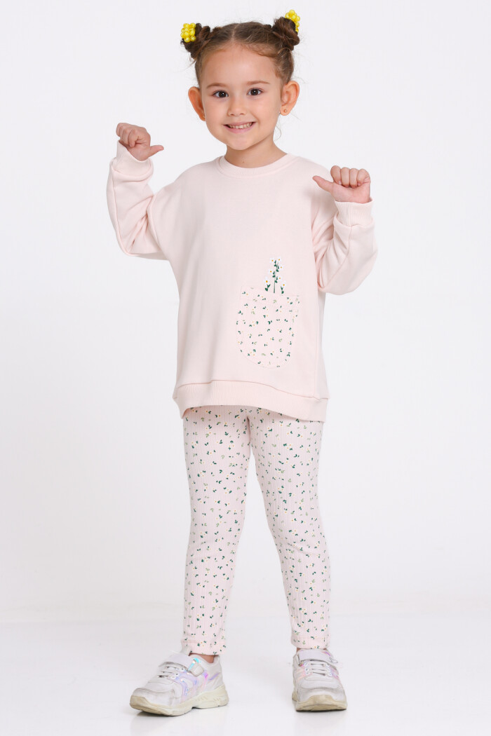 Kız Çocuk Pudra Çiçek Desenli 1-5 Yaş Takım - 23276-3