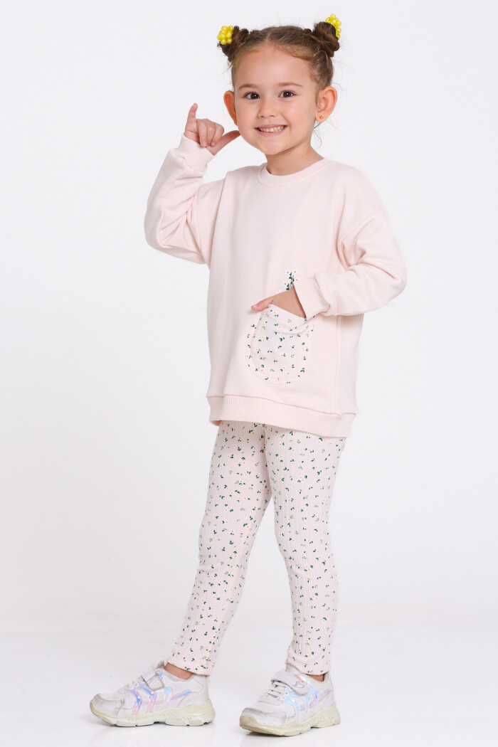 Kız Çocuk Pudra Çiçek Desenli 1-5 Yaş Takım - 23276-3