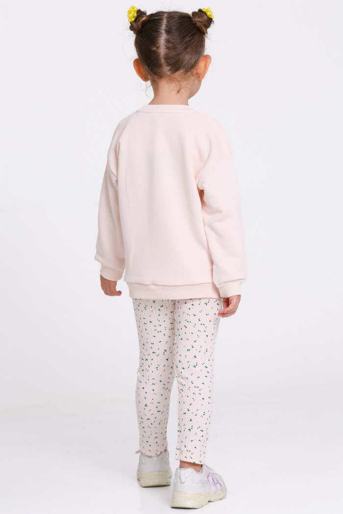 Kız Çocuk Pudra Çiçek Desenli 1-5 Yaş Takım - 23276-3