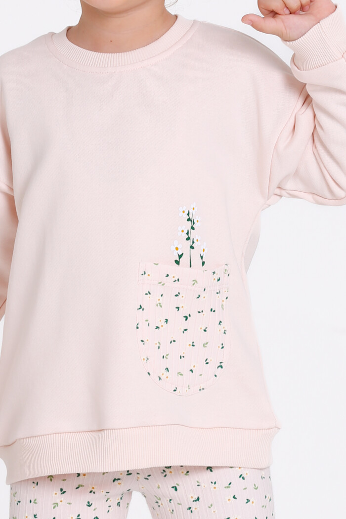 Kız Çocuk Pudra Çiçek Desenli 1-5 Yaş Takım - 23276-3