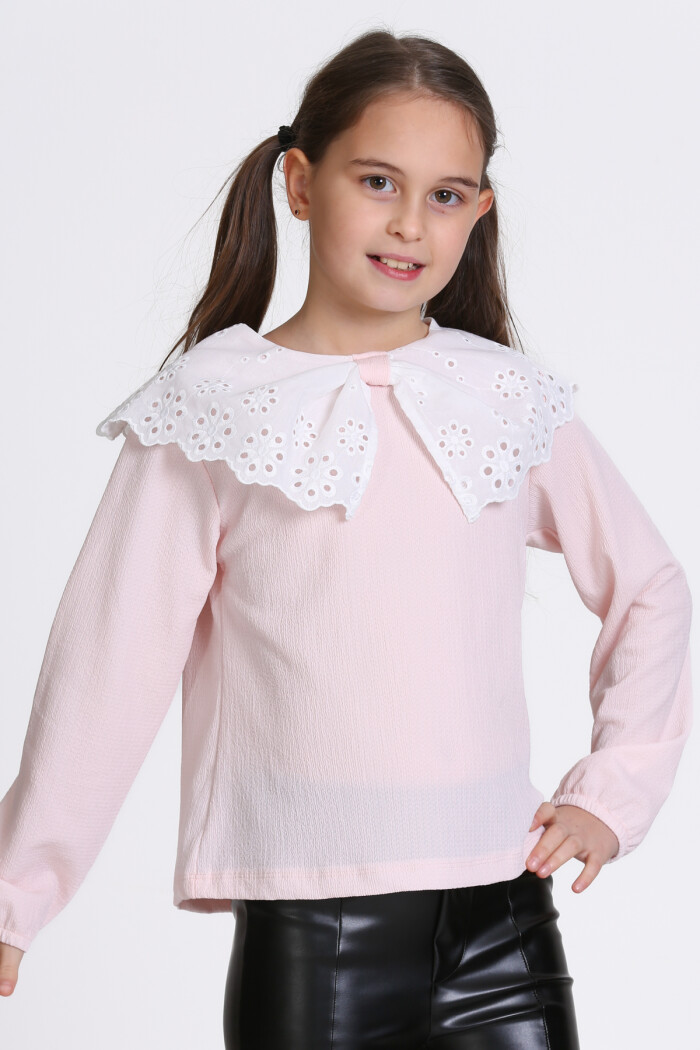 Kız Çocuk Pudra Dantel Yakalı 4-12 Yaş Badi - 23335-1