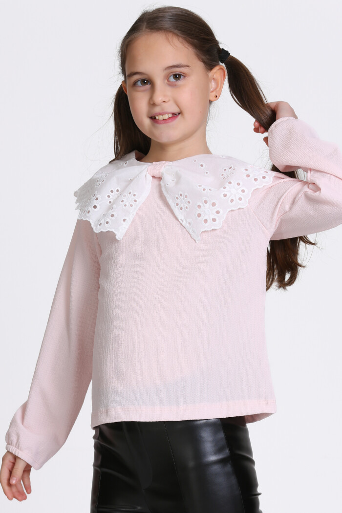 Kız Çocuk Pudra Dantel Yakalı 4-12 Yaş Badi - 23335-1