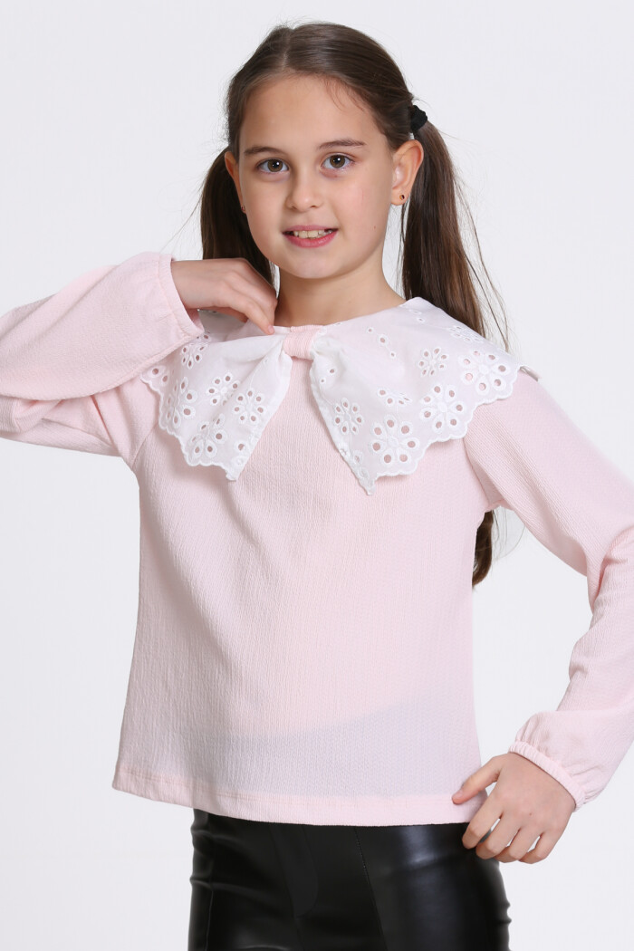 Kız Çocuk Pudra Dantel Yakalı 4-12 Yaş Badi - 23335-1