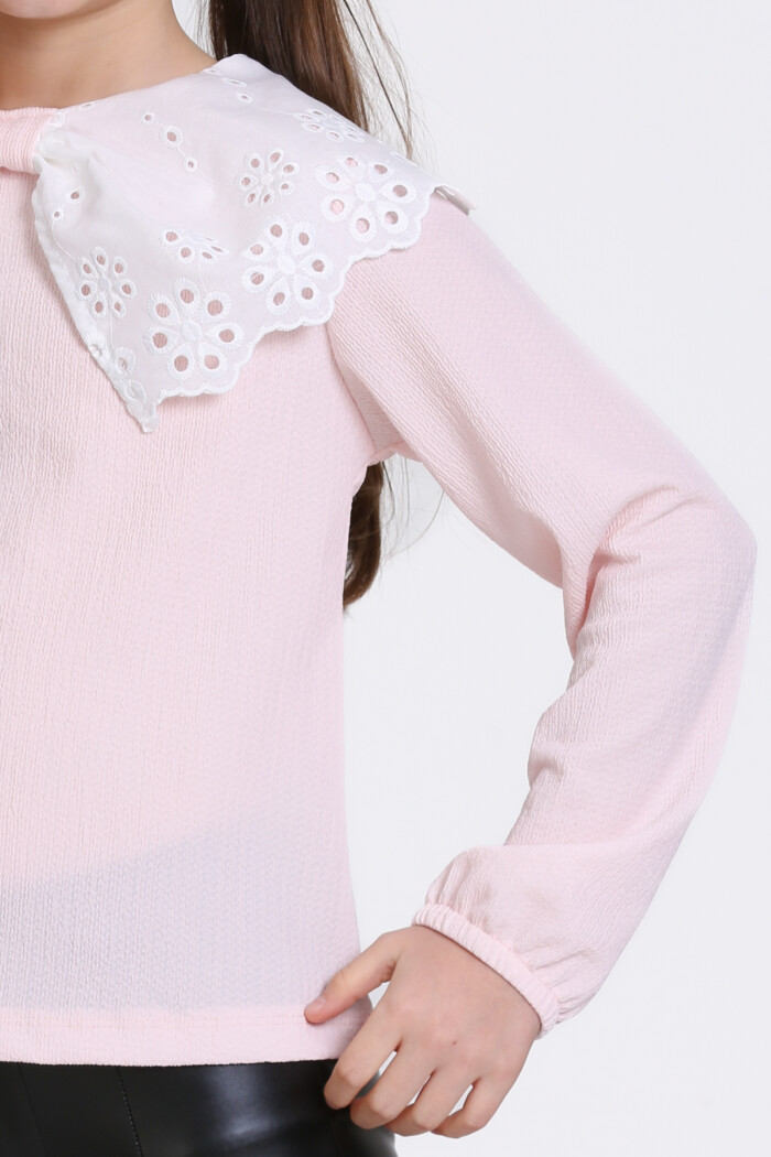 Kız Çocuk Pudra Dantel Yakalı 4-12 Yaş Badi - 23335-1