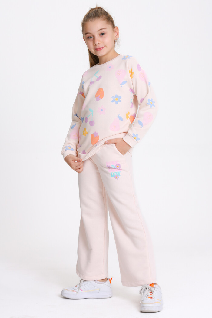 Kız Çocuk Pudra Desenli 3-7 Yaş Takım - 23279-2