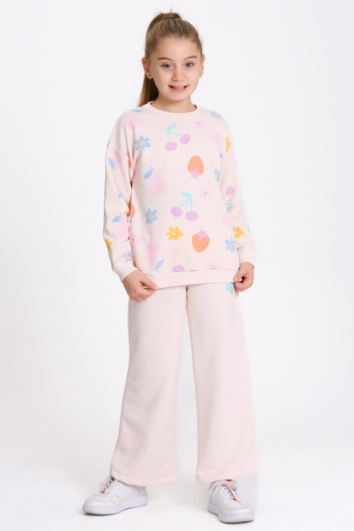 Kız Çocuk Pudra Desenli 3-7 Yaş Takım - 23279-2