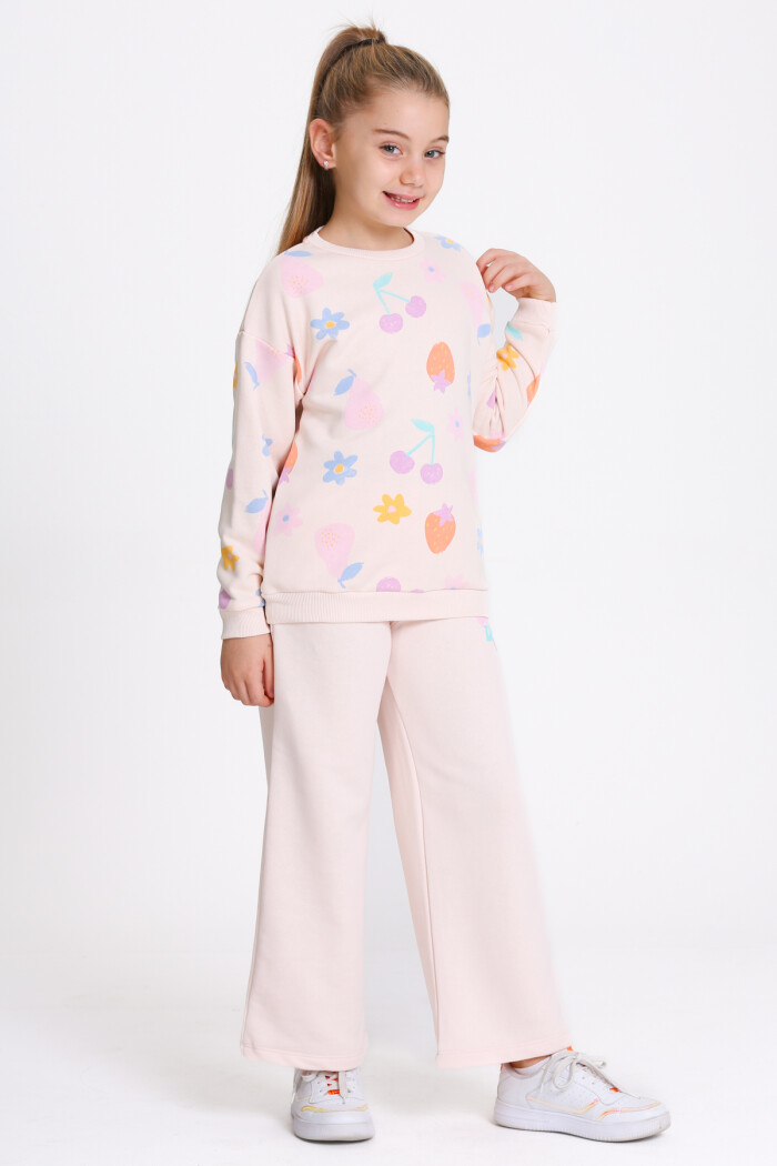 Kız Çocuk Pudra Desenli 3-7 Yaş Takım - 23279-2