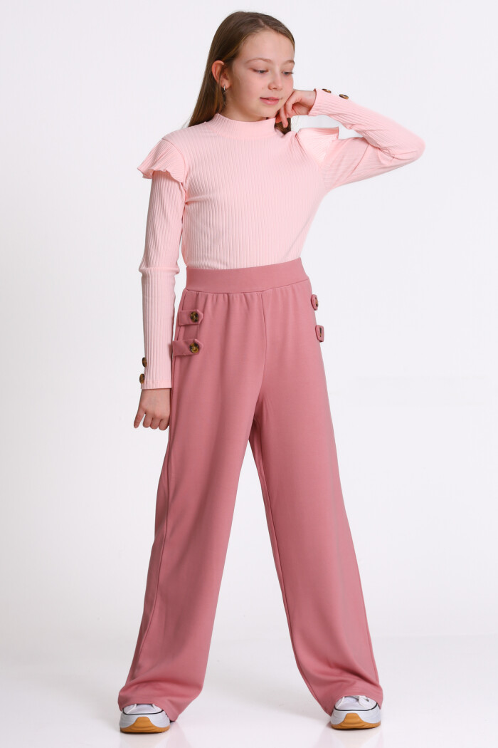 Kız Çocuk Pudra Düğmeli 8-12 Yaş Takım - 23318-1