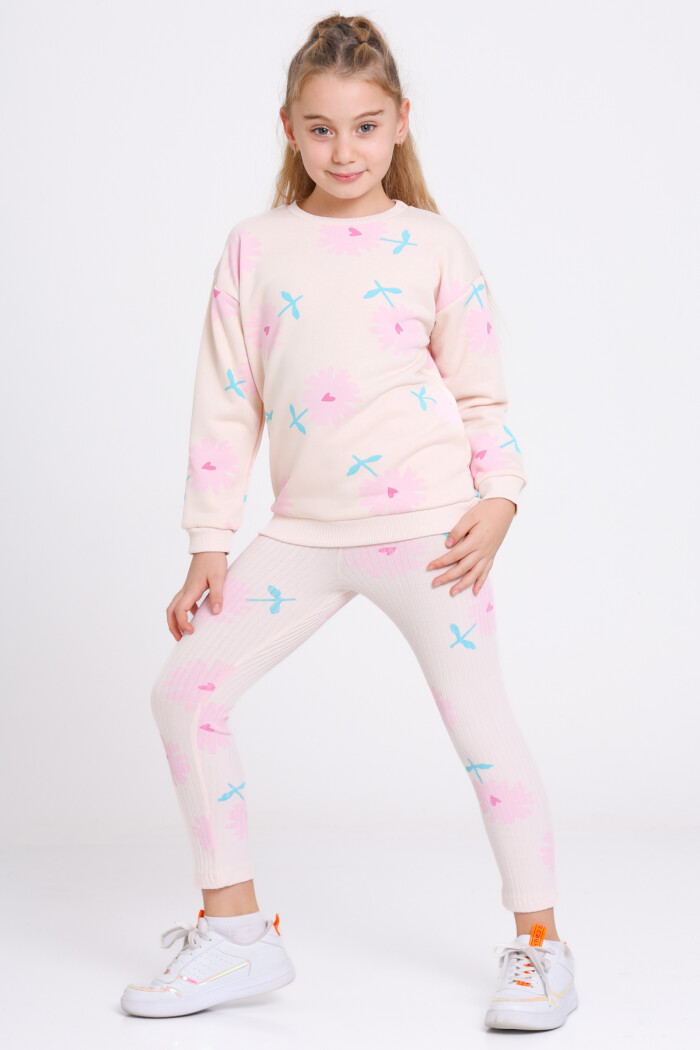 Kız Çocuk Pudra Kalpli Papatya Desenli 3-7 Yaş Takım - 23275-3